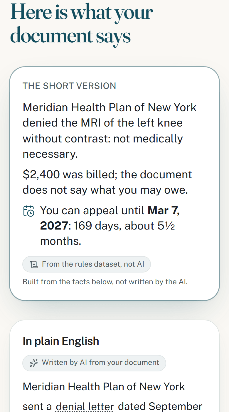 Understand screen for the MRI denial: the short version, the amount billed, and the appeal deadline